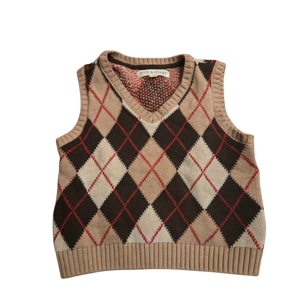 HOPE & HENRY Boys Argyle Knit Sweater Vest Size XS V-Neck Preppy Organic Cotton